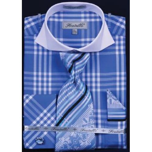 Fratello Royal Blue Checker Pattern Two Tone Shirt / Tie / Hanky Set With Free Cufflinks FRV4118P2
