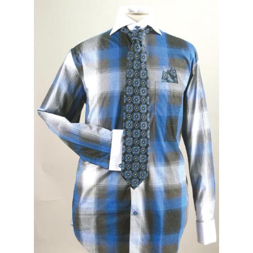 Fratello Royal Blue Checker Pattern Two Tone 100% Cotton Shirt / Tie / Hanky Set With Free Cufflinks FRV4119P2