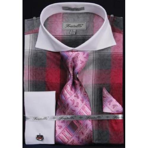Fratello Fuchsia Checker Pattern Two Tone 100% Cotton Shirt / Tie / Hanky Set With Free Cufflinks FRV4119P2