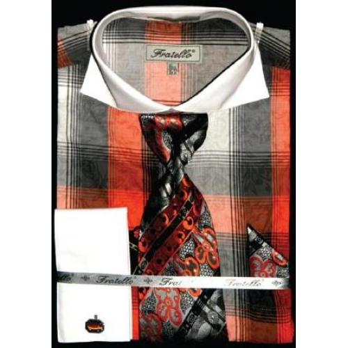 Fratello Orange Checker Pattern Two Tone 100% Cotton Shirt / Tie / Hanky Set With Free Cufflinks FRV4119P2