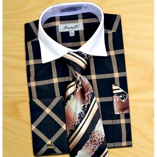 Fratello Black / Tan Checker Pattern Two Tone Shirt / Tie / Hanky Set With Free Cufflinks FRV4123P2.
