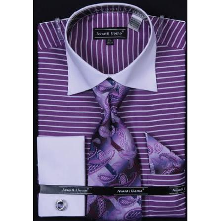 Avanti Uomo Purple Horizontal Stripe Two Tone Shirt / Tie / Hanky Set ...