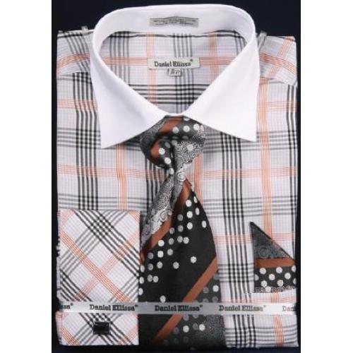 Daniel Ellissa Black / White Checker Pattern Two Tone Shirt / Tie / Hanky Set With Free Cufflinks DS3766P2