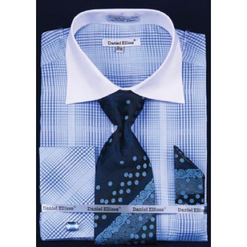 Daniel Ellissa Blue /  White Checker Pattern Two Tone Shirt / Tie / Hanky Set With Free Cufflinks DS3766P2