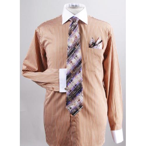 Daniel Ellissa Tan Vertical Stripe Two Tone Shirt / Tie / Hanky Set With Free Cufflinks DS3764P2