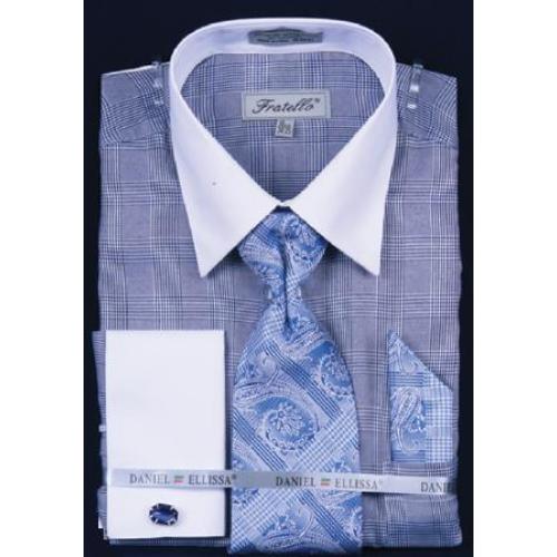 Fratello Blue Check Two Tone Shirt / Tie / Hanky Set With Free Cufflinks FRV4121P2
