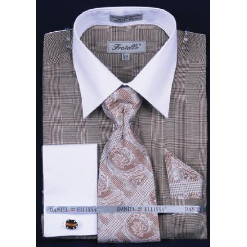 Fratello Brown Check Two Tone Shirt / Tie / Hanky Set With Free Cufflinks FRV4121P2