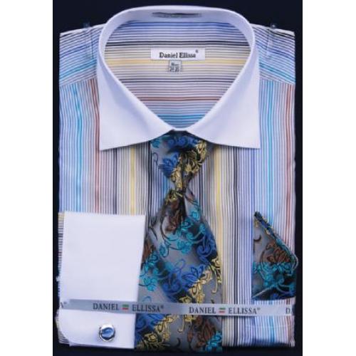 Fratello Blue Multi Stripe Two Tone Shirt / Tie / Hanky Set With Free Cufflinks FRV4122P2