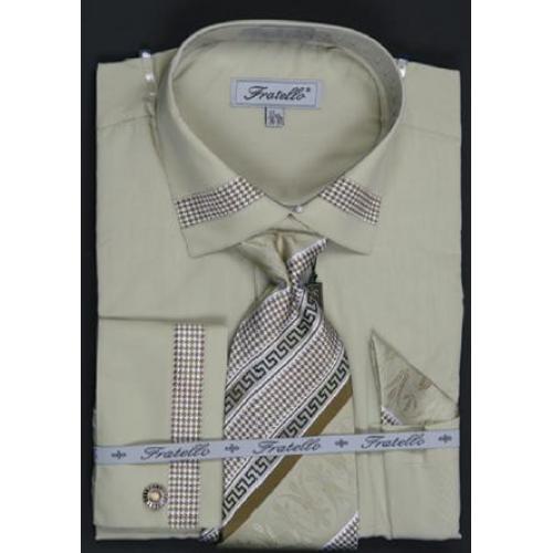 Fratello Olive Houndstooth Patch Shirt / Tie / Hanky Set With Free Cufflinks FRV4109P2