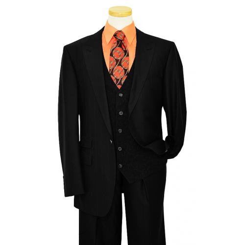 Tayion By Montee Holland Black With Black Hand-Pick Stitching Diamond Pattern Design Vested Wool & Silk Blend Suit 034