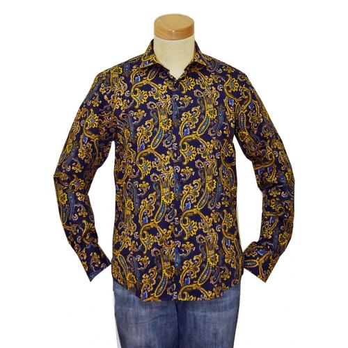 Sambuca Navy / Gold / Blue / Tan Paisley Design 100% Cotton Long Sleeve Casual Shirt 244
