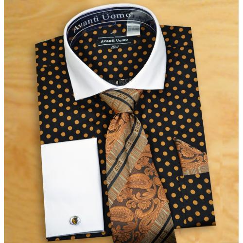 Avanti Uomo Black / Taupe Polka Dot Design 100% Cotton Shirt / Tie / Hanky / Cufflinks Set DN47M