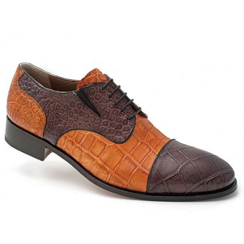 Mauri "Sforza" 1072 Hand-Painted Dark Brown / Cognac Genuine Alligator Oxford Shoes