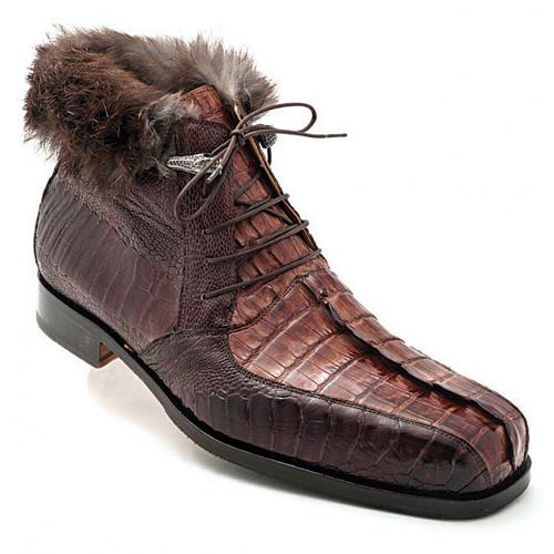 Mauri "Cervinia" 4569 Sport Rust Genuine Hornback Crocodile / Dark Brown Ostrich Leg Boots With Mink Fur Lining