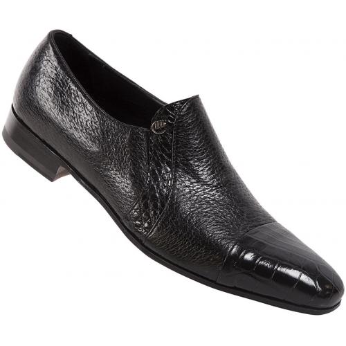 Mauri "Danieli" 4528 Black Genuine Alligator / Pecary Loafer Shoes With Cap-Toe