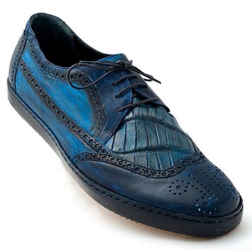Mauri "Brouge" 8668 Wonder Blue / Denim Hand-Painted Genuine Alligator / Calfskin Casual Lace-Up Shoes