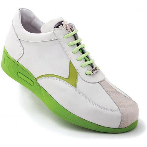 Mauri "Piazza" M704 Light Grey / White / Green Genuine Baby Crocodile / Nappa / Patent Leather Sneakers With Silver Hardware