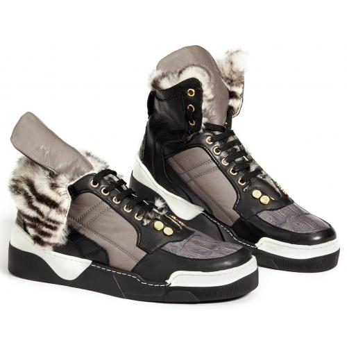 Mauri "Corso" M758 Black / White / Grey Genuine Baby Crocodile / Nappa High Top Sneakers With Genuine Rabbit Fur Lining