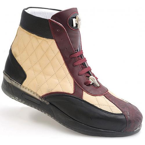 Mauri "Savvy" M781 Black / Burgandy / Beige Genuine Quilted Nappa / Nappa Calfskin / Baby Crocodile High Top Sneakers With Silver Details And Air Bubble Sole