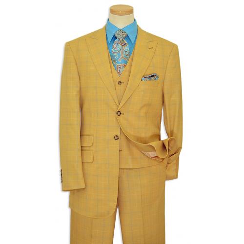 Luciano Carreli Collection Mustard With Turquoise Blue Windowpanes Design With Black Hand-Pick Stitching Super 150'S Vested Suit 6295-2611