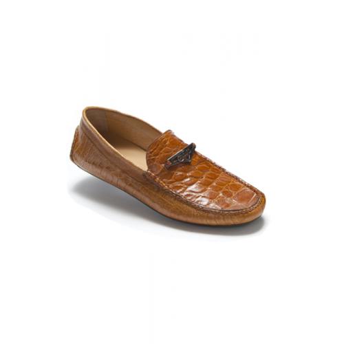 Mauri "Lugano" 3105 Cognac Hand-Painted Genuine Ostrich Leg / Crocodile Loafer Shoes With Silver Details