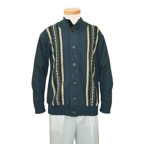 SilverSilk Steel Blue / Black / Cream Knitted Front Button Stripes Sweater Jacket With Elbow Patches 5957