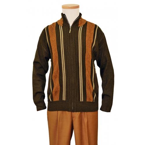SilverSilk Kingwood / Dark Brown /  Bone Knitted Front Zipper Stripes Sweater Jacket With Elbow Patches 5955