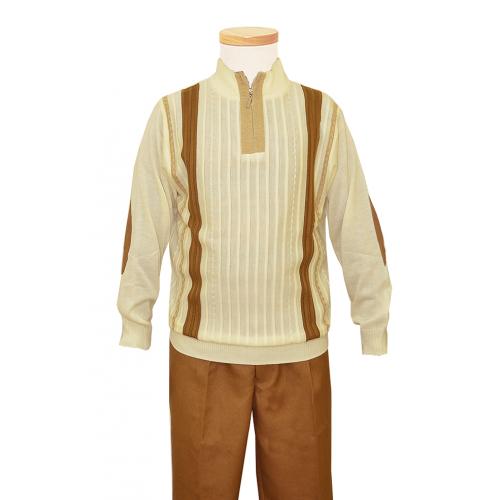 Steve Harvey Cream / Brown / Tan Front Zipper Long Sleeve 2 PC Knitted Silk Blend Outfit Set 6318