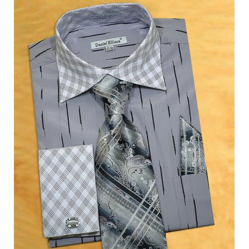 Daniel Ellissa Grey / White Vertical Stripe Two Tone Shirt / Tie / Hanky Set With Free Cufflinks DS3777P2
