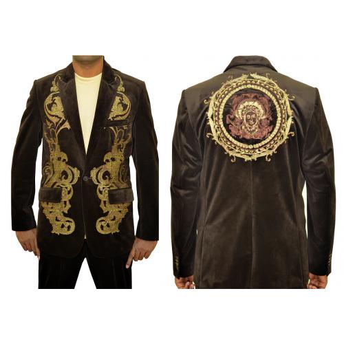 Prestige Dark Brown Velvet With Gold Embroidery Design Casual Suit BLZ-425