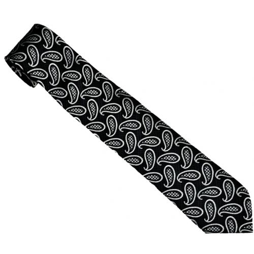 Hi-Density By Steven Land SL171 Black / White Artistic Paisley Diagonal Design 100% Woven Silk Necktie / Hanky Set