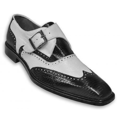 Belvedere "Pasta" Black / White Genuine Lizard Two Tone Shoes with Monk Strap 1490