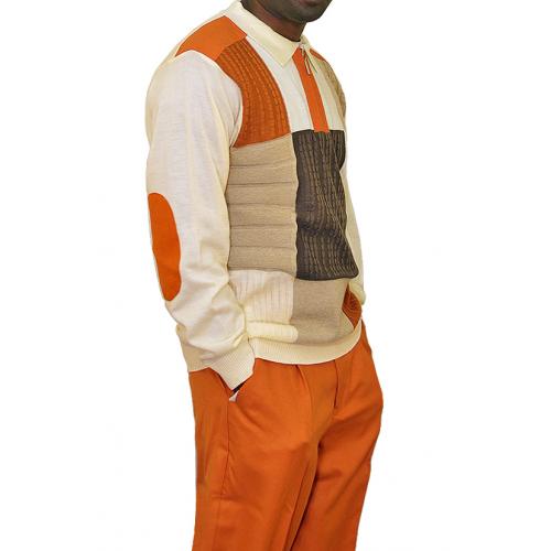 Steve Harvey Pumpkin / Cream / Tan / Brown Long Sleeve 2 PC Knitted Silk Blend Zip-Up Outfit Set 6302