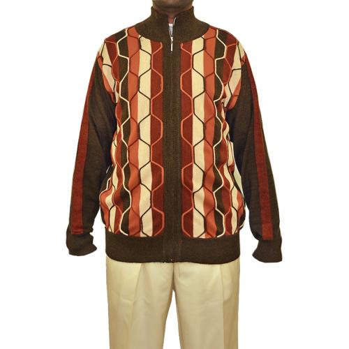 SilverSilk Kingwood / Rust / Tan / Olive Knitted Front Zipper Stripes Hexagonal Design Sweater 5963