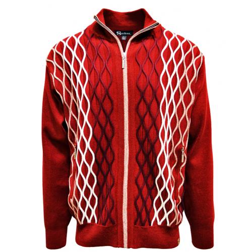 Silversilk Red / White / Burgundy Woven Zip-Up Knitted Sweater With Elbow Patches 1210