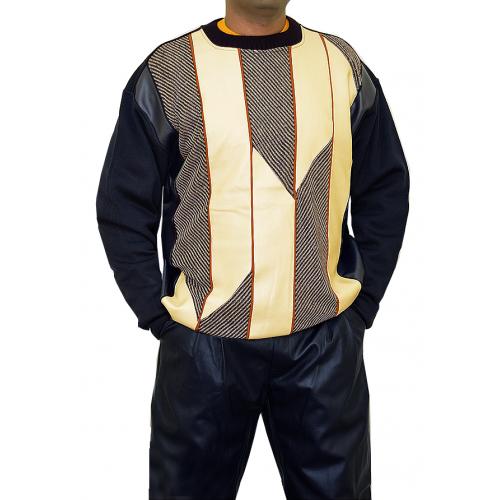 Bagazio Navy / Tan / Brown PU Leather / Knitted Pull-Over Sweater 2 PC Outfit BM1454