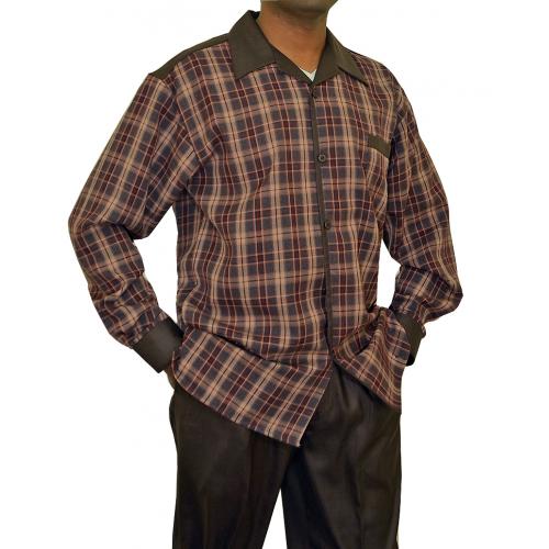 Pronti Brown / Red / Black Windowpanes Microfiber Blend Long Sleeve 2 PC Outfit SP6087S