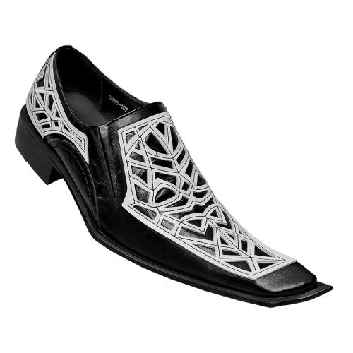 Zota Black / White Genuine Leather Diagonal Toe Loafer Shoes G838-107