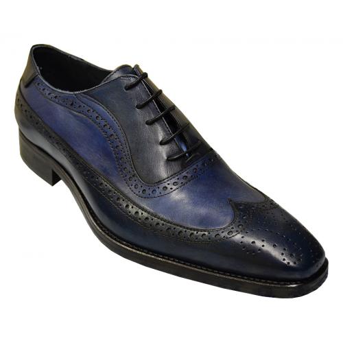 Duca Di Matiste 1499 Blue Genuine Italian Calfskin Leather Shoes With Toe Perforation