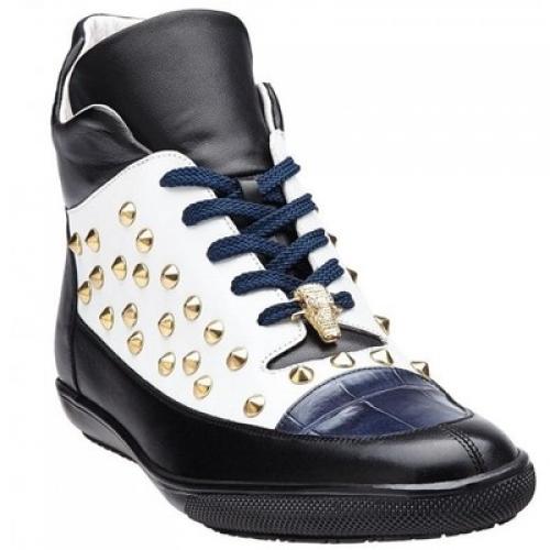 Belvedere "Vale" Navy / White Genuine Crocodile And Soft Italian Calf Ankle Boots With Stud / Alligator Head 33018