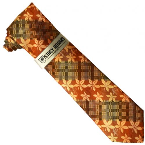 Stacy Adams Collection SA125 Rust / Tan / Geomatric Flower Diagonal Design 100% Woven Silk Necktie/Hanky Set