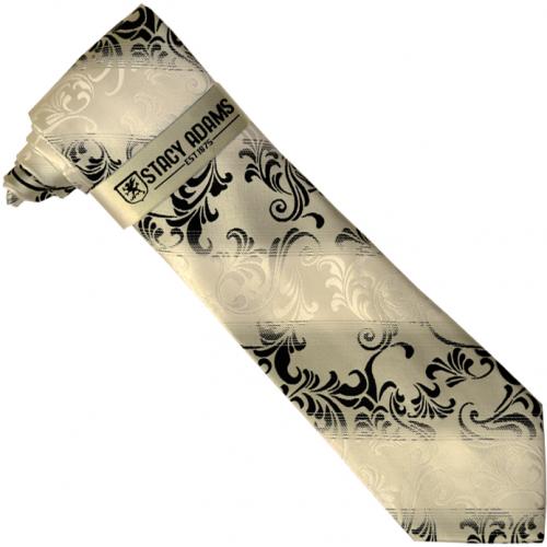 Stacy Adams Collection SA122 Black / White / Light Silver Diagonal Paisley Design 100% Woven Silk Necktie/Hanky Set