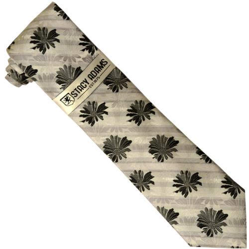 Stacy Adams Collection SA123 Black / Silver Grey Paisley Diagonal Flower Design 100% Woven Silk Necktie/Hanky Set