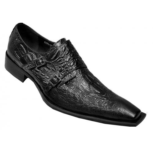 Zota Black Hornback Alligator Print / Leather Shoes With Double Monk Straps G370-33