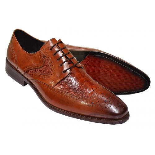 David X "Lenny" Cognac Genuine Ostrich / Calf Hand-Burnished Leather Shoes