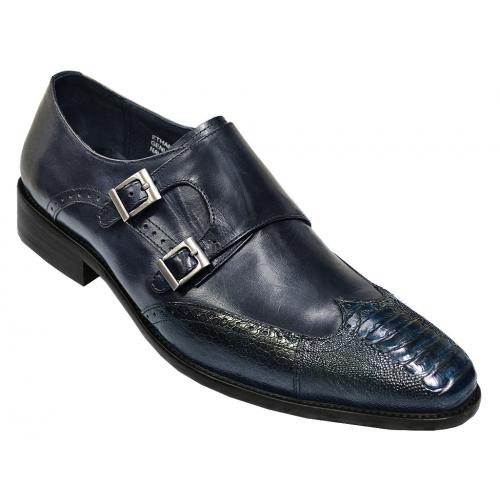 David X "Ethan" Navy Genuine Ostrich / Calf  Hand-Burnished Leather Shoes With Double Monk Strap.