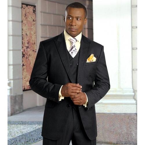 Tayion Collection Black With Grey Pinstripes Design Wool Suit 007.