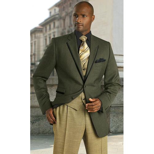 Tayion Collection Olive Green With Black Hand-Pick Stitching Wool Suit 008.