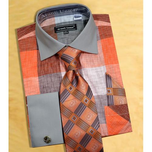 Avanti Uomo Grey / Orange / Black Check Design Shirt / Tie / Hanky Set With Free Cufflinks DN65M