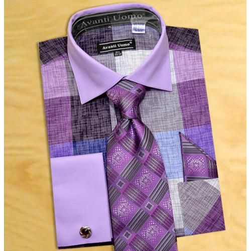 Avanti Uomo Lilac / Grey Check Design Shirt / Tie / Hanky Set With Free Cufflinks DN65M